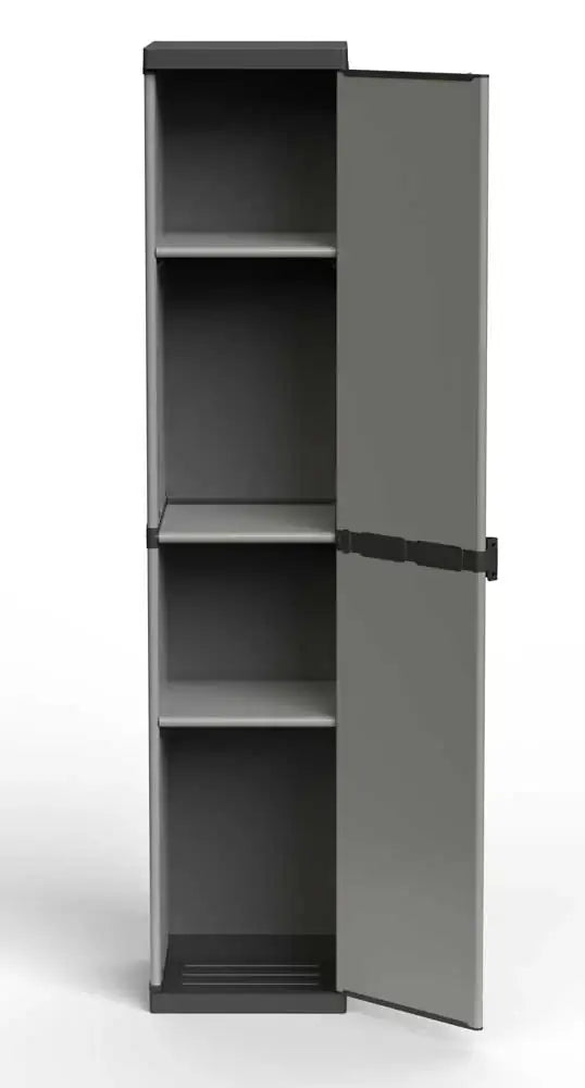 Armadio in resina con porta aperta, interno con 3 ripiani regolabili, colore grigio e nero, soluzione compatta per organizzare oggetti.