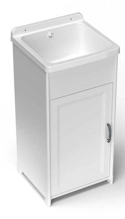 Compact Lavatoio miniCon in white resin with a cabinet and integrated basin. Dimensions: 40.5 x 36.5 x 85H cm, ideal for small spaces.