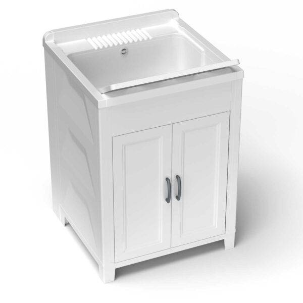 Lavatoio in resina 61x61 Mongardi con ante e sistema di montaggio rapido, design compatto e pratico per ambienti domestici.