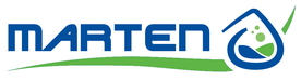 Logo grafico di Marten Pool con scritta blu e verde, simbolo di piscina e trattamento acqua, design moderno e professionale