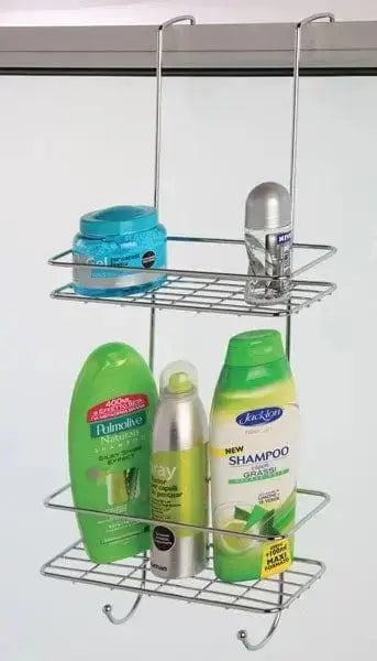 Mensola 2 ripiani con gancio doccia in acciaio antiruggine, agganciata a box doccia con prodotti da bagno. Arredo Bagno e Accessori pratico e salvaspazio.