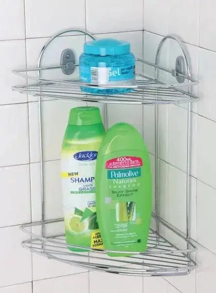 Mensola angolare 2 ripiani 23x23x36h - Hobby Shop Solution in acciaio cromato installata su piastrelle bagno, con shampoo e gel doccia.