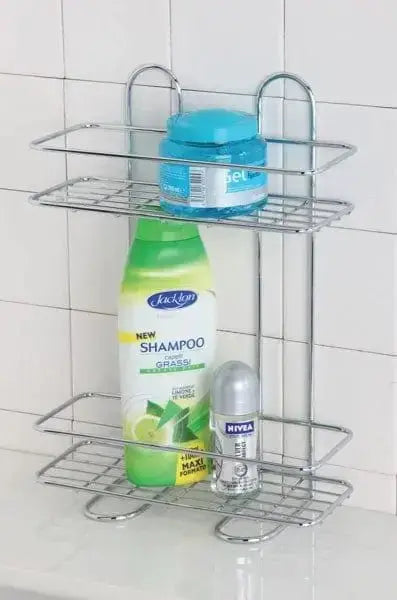 Hobby Shop Solution - Mensola rettangolare 2 ripiani 26x11x35h in acciaio cromato fissata a parete con shampoo e deodorante. Ideale per arredo bagno.
