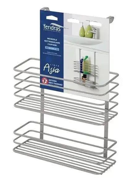 Mensola rettangolare 2 ripiani 26x12x36h in acciaio cromato Feridras, accessorio bagno da sportello con sistema anti-trabocco, linea Asia.