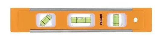Mini livella in plastica arancione con 3 bolle e struttura magnetica in ABS da 22,50 mm, ideale per lavori di precisione e fai da te.