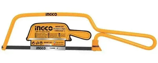 Mini seghetto ad arco 150mm Ingco con struttura in acciaio giallo, ideale per tagli di precisione in lavori fai-da-te e bricolage.