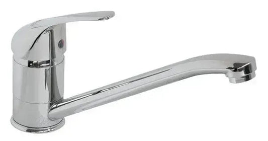 Miscelatore per lavello cromato lucido con canna bassa e leva monocomando. Ideale per cucine moderne, include cartuccia da 40mm e flessibili.