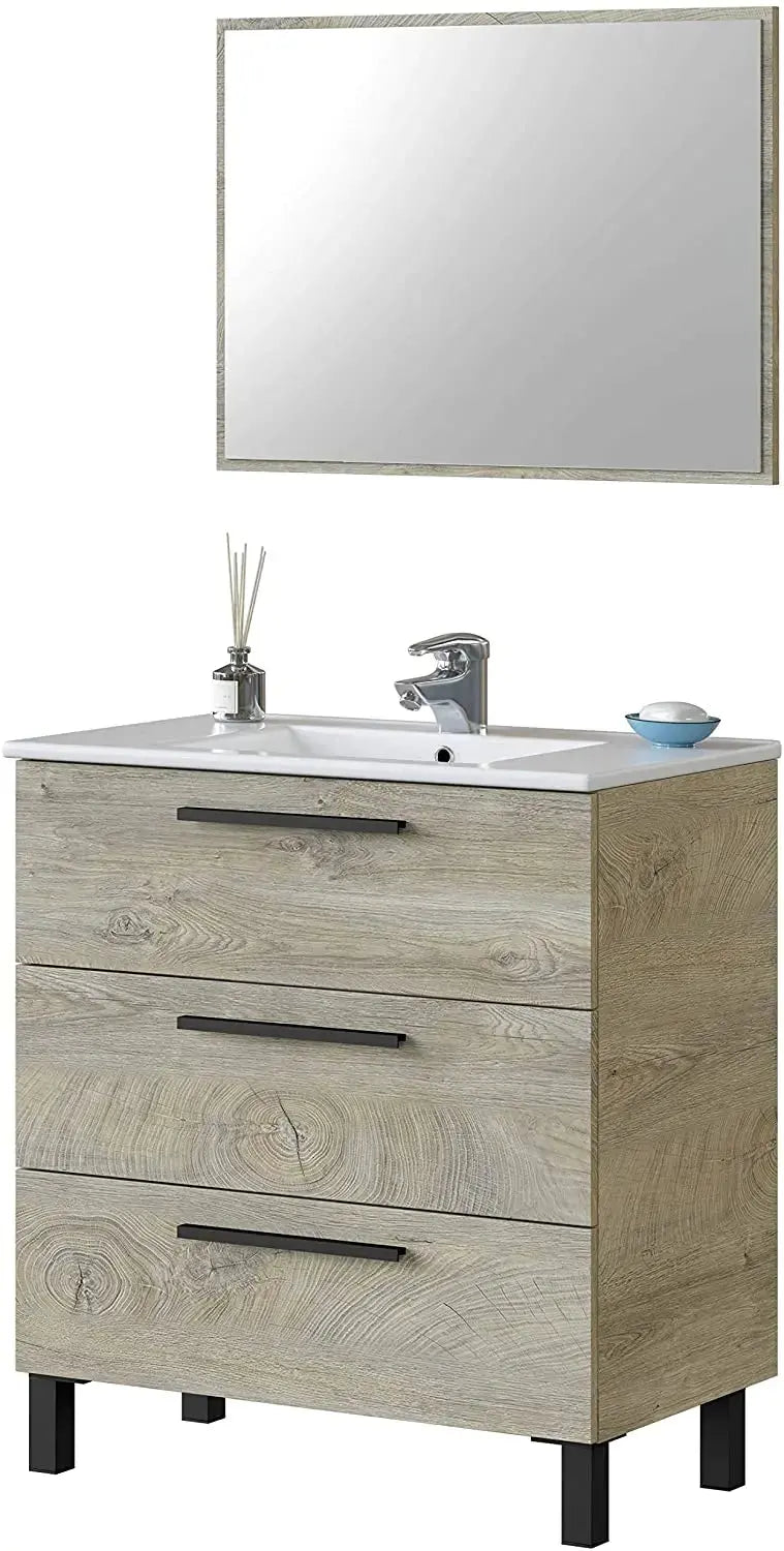 Mobile bagno 3 cassetti in rovere Alaska con lavello e specchio, dimensioni 80x45x86 cm. Design moderno e funzionale per l'arredo bagno.