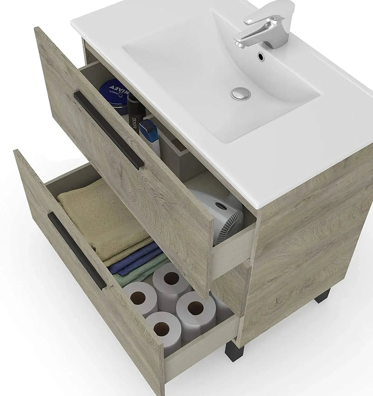 Dettaglio del mobile bagno in rovere Alaska con cassetti aperti, mostrando spazio per asciugamani e accessori. Lavello integrato incluso.