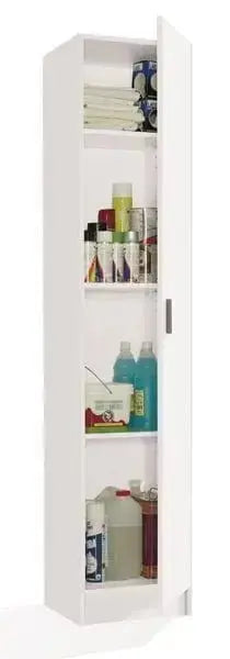 Armadio multiuso 1 anta in legno bianco con 3 ripiani interni, ideale per organizzare prodotti per la casa. Dimensioni compatte 37x37x180 cm.