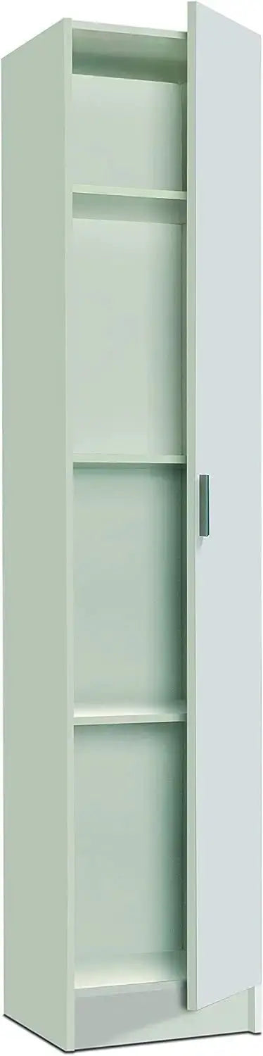 Armadio multiuso in legno bianco con anta aperta e 3 ripiani interni, ideale per riporre oggetti e ottimizzare lo spazio. Misure 37x37x180 cm.