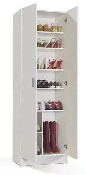 Mobile base alto a 2 ante bianco con ripiani interni, ideale per scarpe e accessori. Design elegante e spazioso, dimensioni 180x58,5x37 cm.