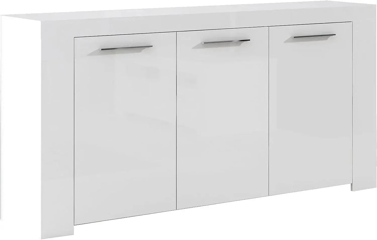 Mobile base bianco opaco L144 x P42 x H80 cm con 3 ante chiuse e maniglie cromate, design elegante e funzionale.