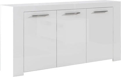 Mobile base bianco opaco L144 x P42 x H80 cm con 3 ante chiuse e maniglie cromate, design elegante e funzionale.