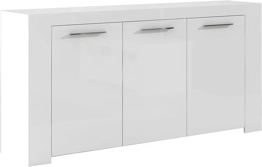Mobile base bianco opaco L144 x P42 x H80 cm con 3 ante chiuse e maniglie cromate, design elegante e funzionale.