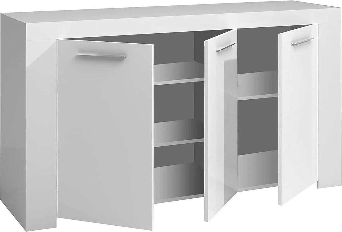 Mobile base bianco opaco L144 x P42 x H80 cm con ante aperte che mostrano ripiani interni spaziosi per organizzare oggetti.