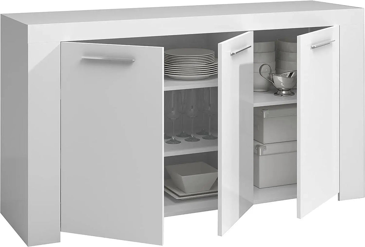 Mobile base bianco opaco L144 x P42 x H80 cm con ante aperte, ripiani interni contenenti stoviglie e accessori da cucina.