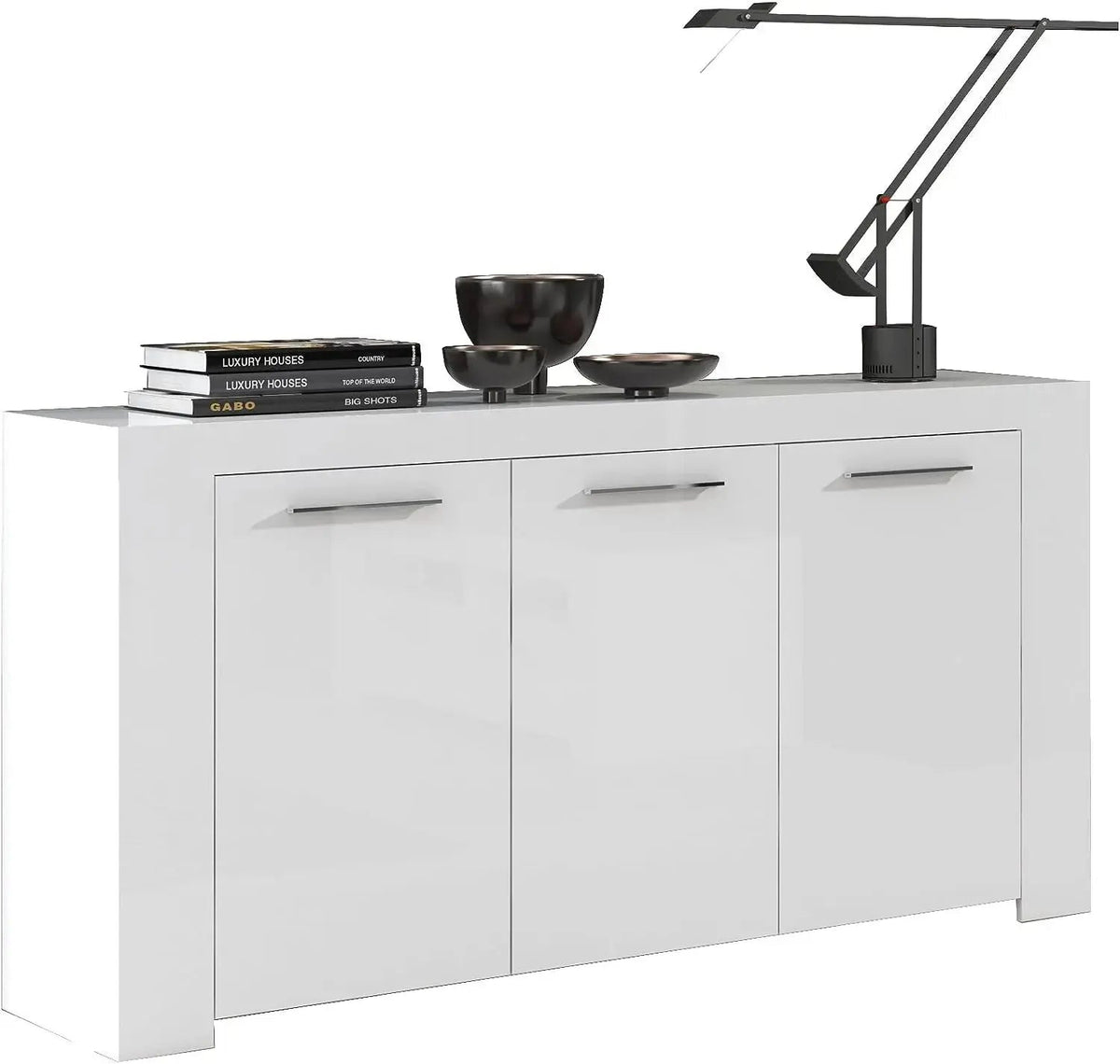 Mobile base bianco opaco L144 x P42 x H80 cm con 3 ante, decorato con libri e accessori moderni per un tocco di stile.