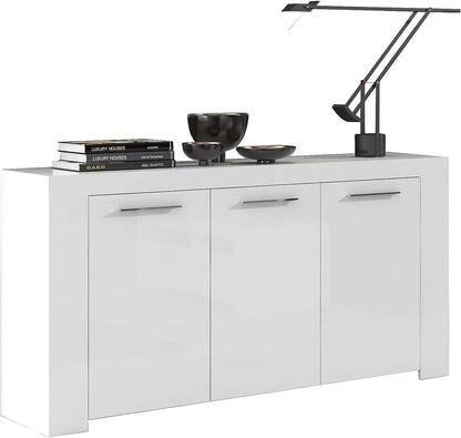 Mobile base bianco opaco L144 x P42 x H80 cm con 3 ante, decorato con libri e accessori moderni per un tocco di stile.