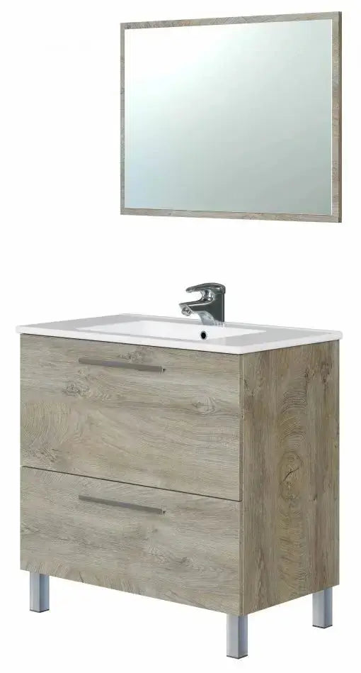 Set di mobili bagno Vandelia 80x45x80 cm in rovere alaska con lavello in ceramica e specchio rettangolare, design elegante e funzionale.