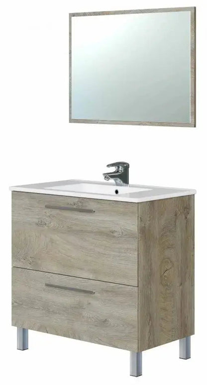 Set di mobili bagno Vandelia 80x45x80 cm in rovere alaska con lavello in ceramica e specchio rettangolare, design elegante e funzionale.