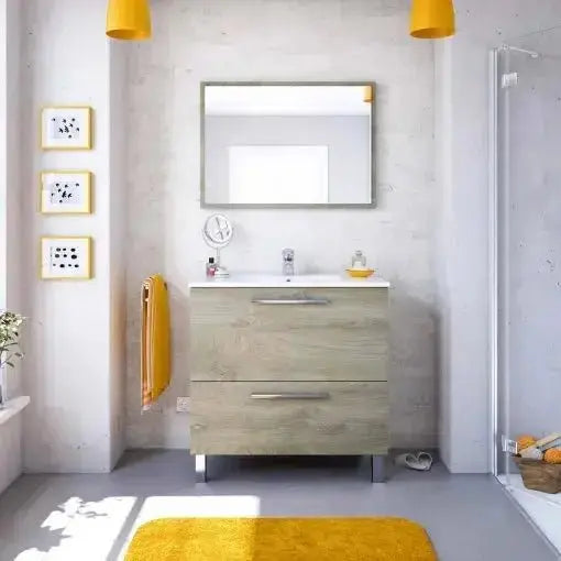 Mobile bagno Vandelia 80x45x80 cm in rovere alaska con specchio e lavello, perfetto per arredare bagni moderni e ottimizzare gli spazi.