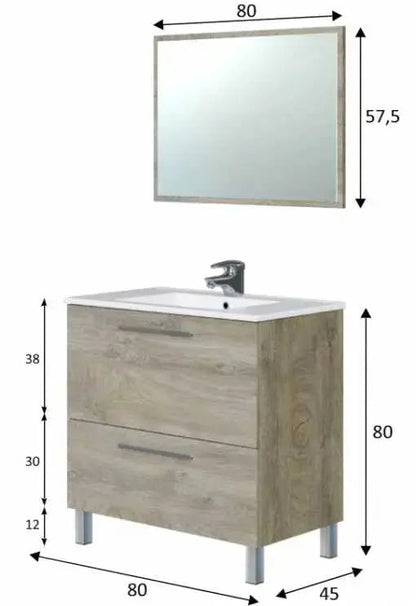 Dimensioni del mobile bagno Vandelia 80x45x80 cm in rovere alaska con specchio, lavello in ceramica e due cassetti, ideale per spazi ridotti.