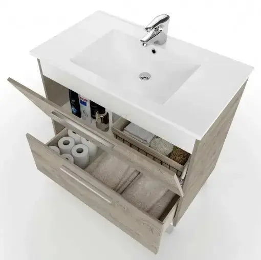 Interno del mobile bagno Vandelia 80x45x80 cm in rovere alaska con due cassetti spaziosi per riporre oggetti e accessori da bagno.