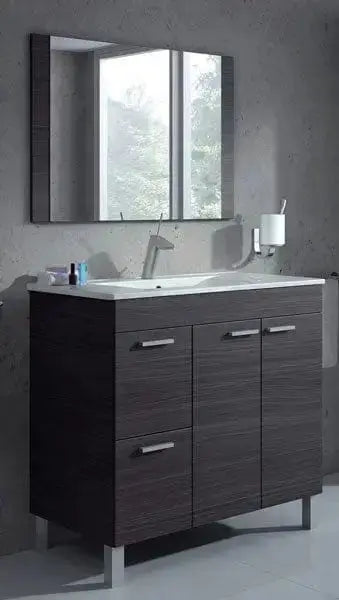 Mobile bagno grigio ceniza 80x45x80 cm con specchio, design moderno con lavello in ceramica, due cassetti e due ante, ideale per bagni eleganti.