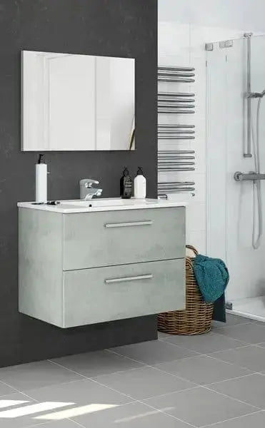 Mobile bagno sospeso Aruba 80x57x45 cm in cemento con due cassettoni, specchio e lavabo, design moderno in un bagno elegante.