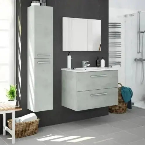 Set di mobili bagno sospesi Aruba in cemento con colonna laterale, specchio e lavabo, perfetto per un bagno elegante e funzionale.