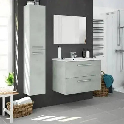 Set di mobili bagno sospesi Aruba in cemento con colonna laterale, specchio e lavabo, perfetto per un bagno elegante e funzionale.