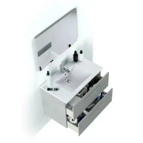 Mobile bagno sospeso Aruba con cassettoni aperti, lavabo e specchio, design moderno per un bagno ben organizzato.