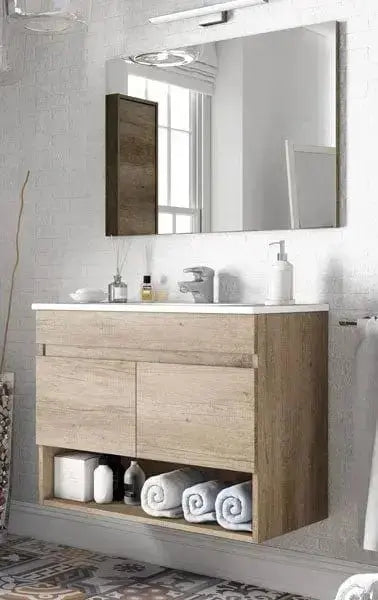 Mobile bagno sospeso in rovere nordico da 80 cm con design moderno, ampio spazio di archiviazione, lavello in ceramica e specchio incluso.