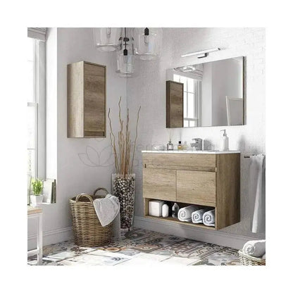 Set di mobili bagno sospesi in rovere nordico da 80 cm, con specchio, lavello in ceramica e design contemporaneo per un bagno elegante e funzionale.