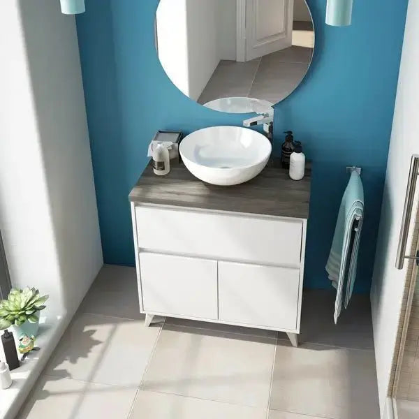 Mobile bagno cm80 lavabo tondo bianco-olmo Set di mobili per bagno FORES   