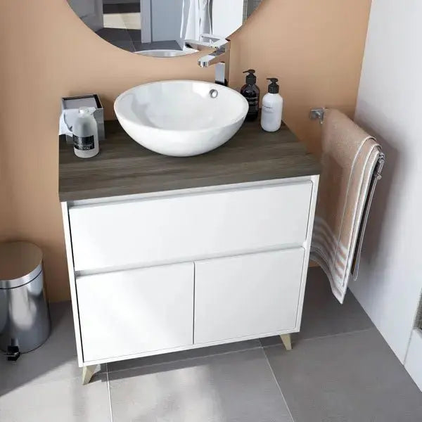 Mobile bagno cm80 lavabo tondo bianco-olmo Set di mobili per bagno FORES   