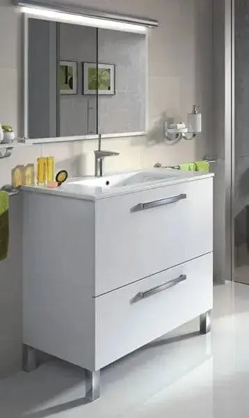 Mobile bagno bianco 80x45x80h con lavello in ceramica, due cassetti spaziosi e design moderno, ideale per bagni eleganti.