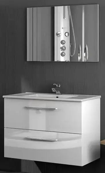 Mobile bagno sospeso bianco 80x46 cm con 2 cassetti, lavabo integrato e specchio moderno, ideale per bagni contemporanei.