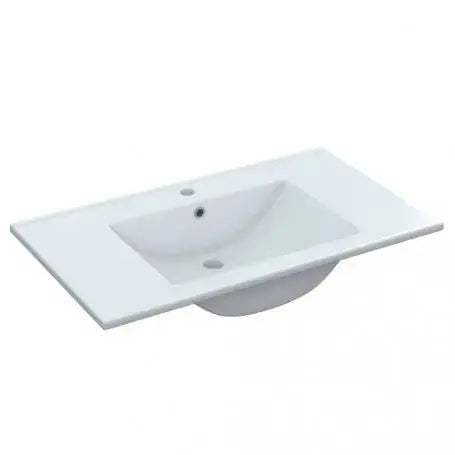 Lavabo bianco rettangolare in ceramica con foro per rubinetto, compatibile con mobili bagno sospesi moderni.