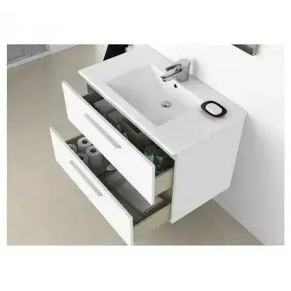 Mobile bagno sospeso bianco con 2 cassetti aperti, lavabo integrato e ampio spazio per organizzazione.