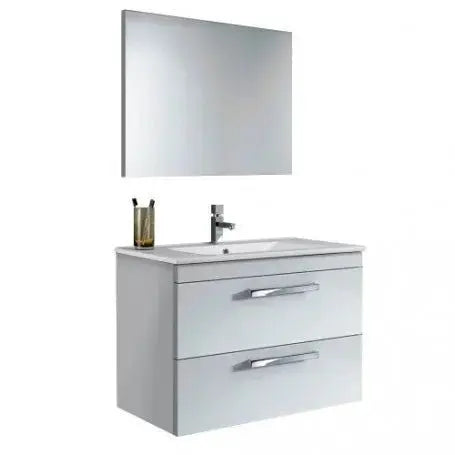 Mobile bagno sospeso bianco 80 cm con lavabo e specchio rettangolare, design minimalista per bagni moderni.