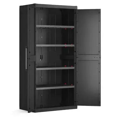 Mobiletto Keter Detroit XL con 4 ripiani regolabili da 25 kg ciascuno, doppia anta aperta, dimensioni 89x54x182 cm.