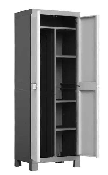 Mobile in resina portascope multiuso Keter con 3 ripiani regolabili e spazio per oggetti lunghi, dimensioni 65x45x182 cm.