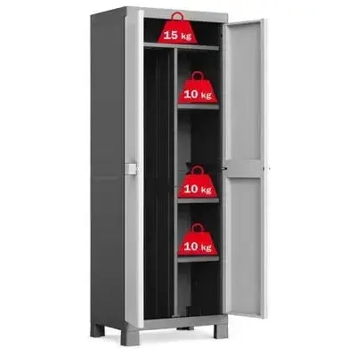 Mobile in resina portascope Keter con capacità di carico per ripiano indicata, ideale per oggetti lunghi e pesanti, dimensioni 65x45x182 cm.