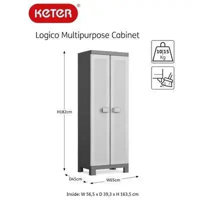 Scheda tecnica del mobile in resina portascope Keter con dimensioni 65x45x182 cm e capacità di carico per ripiano fino a 15 kg.