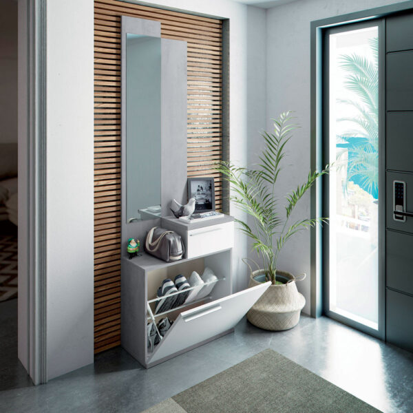 Mobile Ingresso Scarpiera Caren con Specchio 61x28x185h in Cemento e Bianco Artik Cassapanche e panche per ingressi Hobby Shop Solution   