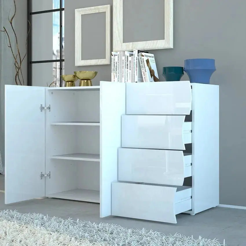 Mobile Moderno Multiuso 2 Anta 4 Cassetti Onda Bianco Lucido Mobili Italy Web forniture   