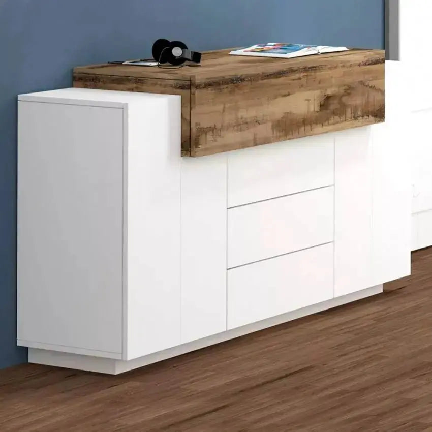 Mobile multiuso Coro Moderno: 2 ante battenti, 1 ribalta e 3 cassetti - Bianco lucido Acero Pereira Mobili Italy Web forniture   