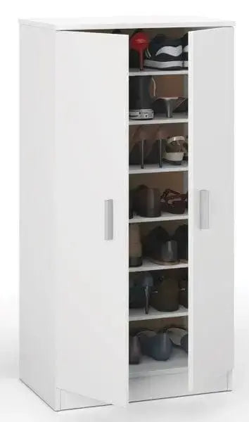 Scarpiera bianca a 2 ante con ripiani interni, design moderno e finitura opaca. Spazio per 24 paia di scarpe, ideale per organizzazione.